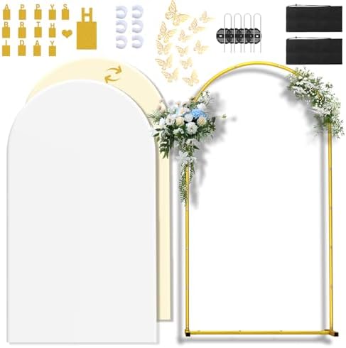 7.2FT Wedding Arch Backdrop Stand and Cover ,Double-Color Spandex Fitted Arch Covers Round Top Balloon Arched Frame for Wedding/Baby Shower/Birthday/Party/Graduation /Indoor Outdoor Use (White +Ivory by LIFENCE