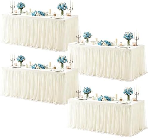 4 Pack Ivory Tablecloth Rectangle 6ft Elastic Fitted Tulle Table Cloth Stretch Spandex Rectangular Table Cover with Ruffle Skirt for Wedding Birthday Baby Shower Party Banquet Dessert Table Decor by Besutolife
