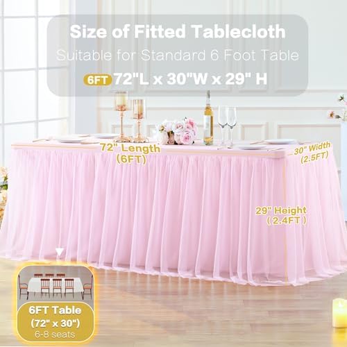 2 Pack Pink Table Cloth for 6 Foot Rectangle Tables, Pink Stretch Fitted Tulle Table Covers Skirt, Rectangular Ruffle Tutu Tablecloth Wedding Banquet Baby Shower Cake Tablecloths Decorations - Image 5