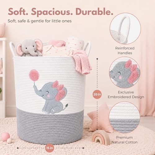 Elephant Baby Laundry Basket for Girl Nursery, Pink Rope Hamper, 20x15 in - Image 2
