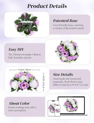 BLOSMON Lilac Flowers Balls for Centerpieces: 10 Pcs Purple White Fake Roses Flower for Wedding Table - Artificial Silk Kissing Bouquet Floral Arrangement Center for Home Party Event Decor - Image 5