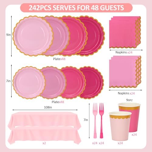 Pink Plates and Napkins Party Supplies Set for 48 Guests - Image 2