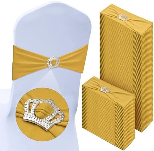 VitalCozy 100 Pcs Spandex Chair Sashes with Crown Buckle,Gold by VitalCozy