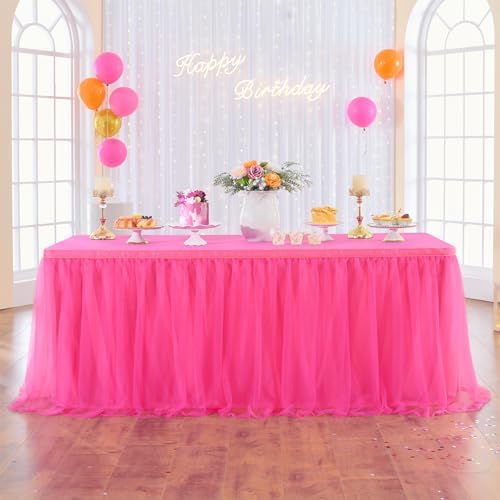 108in Hot Pink Tulle Table Skirts for Rectangle Tables 6/8/4ft, 2-Layer Ruffle Tulle Tutu Fuchsia Cloth Table Skirt 9ft for Barbie Birthday Party Wedding Baby Shower Cake Dessert(No Table Top Cover) by ENJOYYOURPARTY