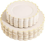 LIYH 60 Pcs Ivory and Gold Scalloped Plastic Plates - Disposable Fancy Combo Plates Includes 30 Dinner Plate 10.25" and 30 Dessert Plate 7.5" Plastic Heavy Weight Party Tableware Dishes by LIYHLoveinyourheart