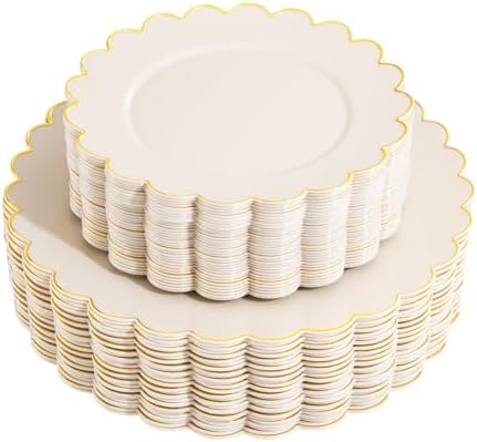LIYH 60 Pcs Ivory and Gold Scalloped Plastic Plates - Disposable Fancy Combo Plates Includes 30 Dinner Plate 10.25" and 30 Dessert Plate 7.5" Plastic Heavy Weight Party Tableware Dishes by LIYHLoveinyourheart