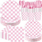 Pickmesh 400 Pcs Pink and White Checkered Party Decorations Plates Serve 50 by Pickmesh