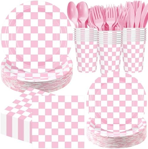 Pickmesh 400 Pcs Pink and White Checkered Party Decorations Plates Serve 50 by Pickmesh