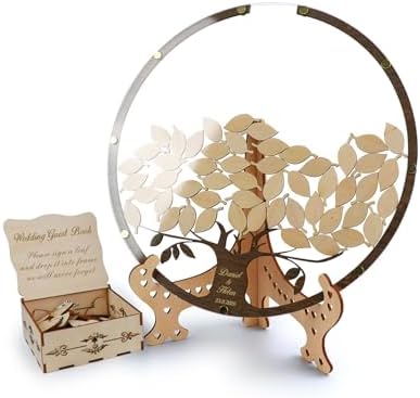 Tree with Leaves Wedding Guest Book Alternative with Box and Small Leafs,Personalized Drop Round Wedding Guest Book for Rustic Wedding Decorations and Anniversary by HZGUEOSTB