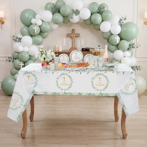 Ceenna 452 Pcs First Communion Party Decoration Boy for 50, Green Baptism Paper Plate Napkin Cup Tablecloth Cutlery Straw God Bless Disposable Tableware for Christening Religious Baby Shower Supplies - Image 4