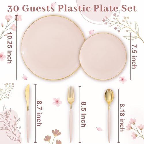 DaYammi 150Pcs Pink Plastic Plates with Gold Rim,Elegant Disposable Dinnerware with Gold Cutlery - 30 Dinner Plate,30 Dessert Plate,30 Knives,30 Forks,30 Spoons,Fancy Pink Plates for Party Wedding - Image 2