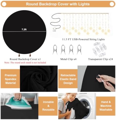 Gallety 7.2FT Black Round Backdrop Cover with String Lights, Adjustable Fit for 5FT–7.2FT Circle Arch Stands, 4 Metal Clips & 24 Clear Clips, Circle Backdrop Cover for Wedding, Birthday & Graduation - Image 2