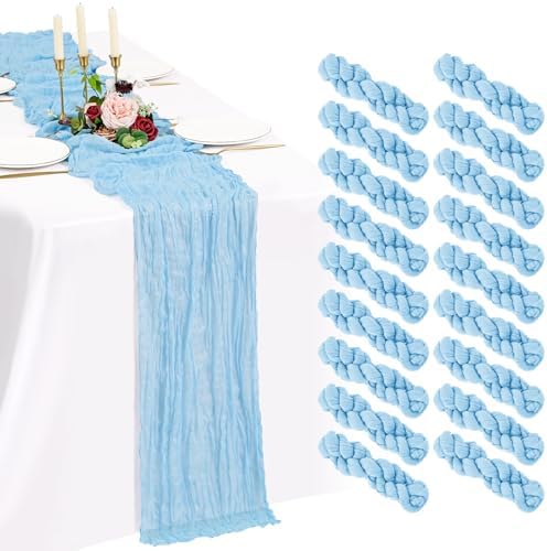18 Pack Cheesecloth Table Runner 10FT Baby Blue Table Runner Light Blue Boho Gauze Cheese Cloth Table Runners Long Rustic Sheer Table Decorations for Wedding Party Baby Bridal Shower Birthday Holiday by Showgeous