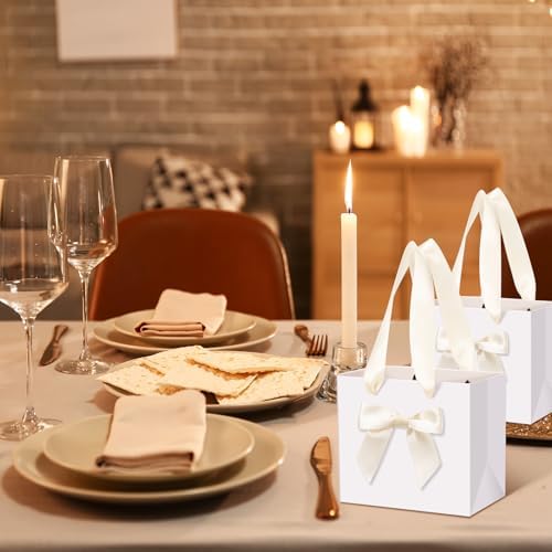 Kolldenn 50 Pcs Mini White Gift Bags Bulk with Beige Bow Ribbon Handles - Image 5