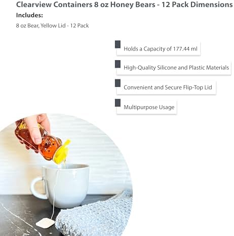 8 Ounce Plastic Squeezable Honey Bears with Sealable Flip Top Lids - BPA Free, Hand Wash Only (Yellow, 12 Pack) - Image 3