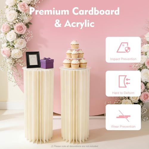 2PCS Cylinder Pedestal Stands Party Table Cake Pedestal Stand for Parties Columns and Pillars Display for Parties Wedding Birthday Baby Shower Christmas Decorations Foldable Cardboard - Image 3