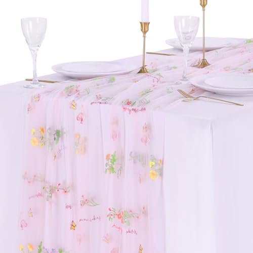 Pink Floral Gauze Table Runner 3pcs 10ft Embroidery Tulle Spring Decor - Image 6
