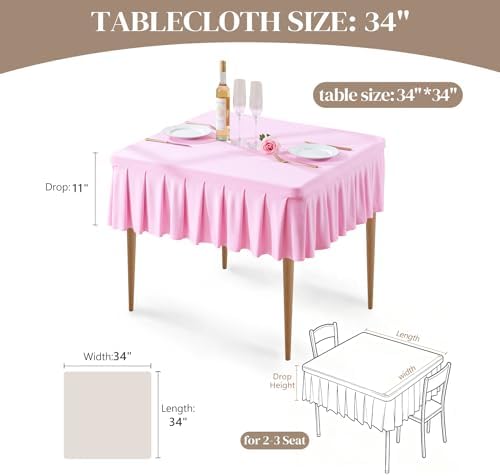 Wish Care 2 Pack Pink Spandex Tablecloths for 34x34 Inch Square Tables, Stretch Fitted Table Clothes with Pleated Ruffle Skirt for 34” Table, Wrinkle Free and Elastic, for Party Kitchen Home Dining - Image 4