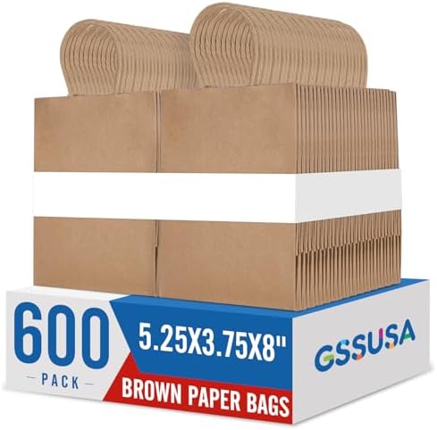 GSSUSA Brown Paper Bags 5.25x3.75x8 600Pcs, Gift Bags with Handles Bulk for Small Business by GSSUSA