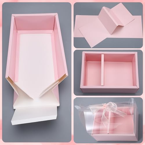 Honeydak 10 Pcs Cake Flower Clear Gift Boxes with Handle 4 in, Pink, Bow - Image 3