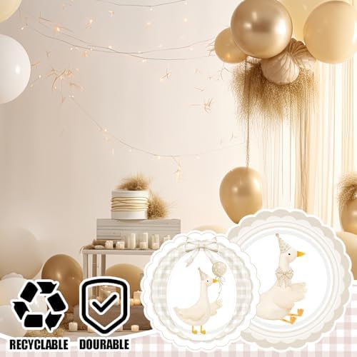 Zhehao 350 Pcs One Silly Goose Birthday Party Tableware Set Beige Bow Scalloped Baby Shower Plates Cup Napkins Forks for Birthday Party Decorations Supplies for 50 Guests - Image 5