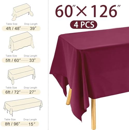 4 Pack Rectangle Tablecloth 60x126 Inch Burgundy Washable Polyester Table Cover for Wedding Dining Table Buffet Parties Banquet Decoration（Burgundy） - Image 2