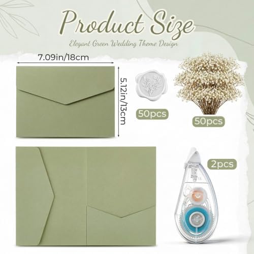 50 Set Wedding Invitation Kits Trifold Pockets,Green,White - Image 2
