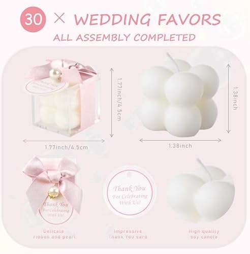 ACITHGL 30 Sets Small Bubble Candle Wedding Candles Favors for Guests Bulk Bridal Shower Favors Candles with Stylish Ribbons Thank You Cards Gifts (Shimmering Pink) - Image 2