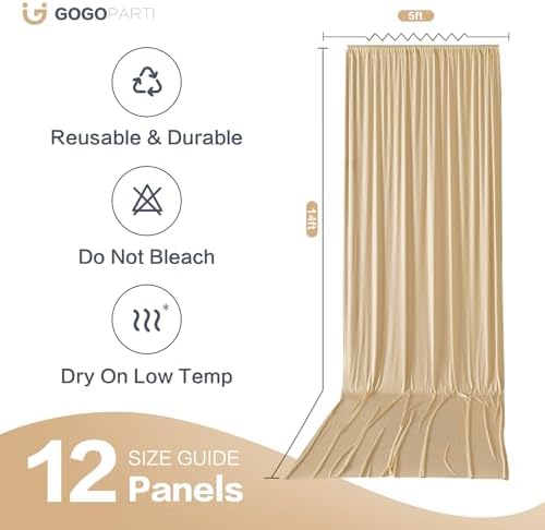 60x14ft Beige Backdrop Curtains for Wedding Party, 12 Panels 14 ft Long Back Drop Cloth, Wrinkle-Free Polyester Drapes for Birthday, Baby Shower, Stage Photography Background - Image 6