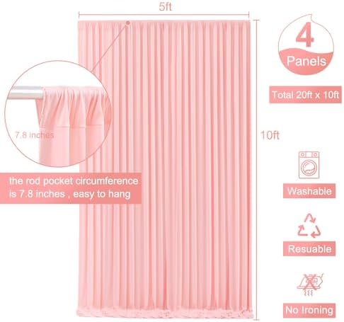 4 Panels Blush Pink Backdrop Curtain for Parties Pink Wrinkle Free 20ft x 10ft Backdrop Drapes for Baby Shower Wedding Birthday Photo Gender Reveal Photography Polyester Fabric Background Decoration - Image 5
