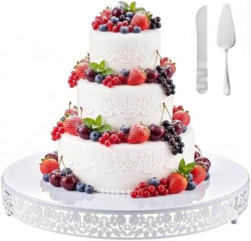Wenqik 20 Inch White Cake Stand Set Metal Round Cupcake Dessert Stand with Cake Cutting, Flower Spatula Wedding Cupcake Pastry Display Candy Holder Display for Wedding Party Birthday Baby Shower by Wenqik