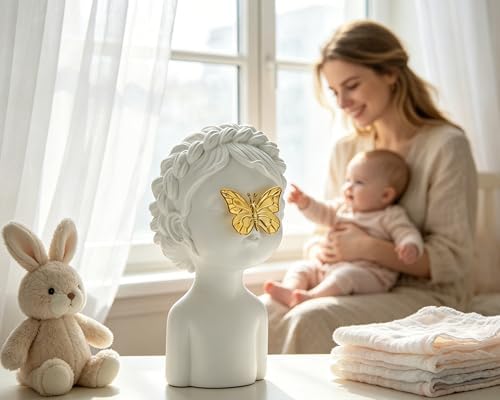 White Cute Girl Statue with Gold Butterfly, 9 inch Resin Whimsical Sculpture for Nursery Living Room Decoration, Gift for Baby Shower Gender Reveals, Birthdays, Housewarmings, Mother’s Day - Image 3