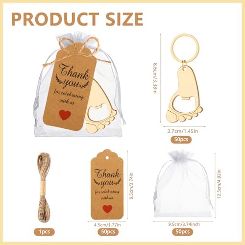 50 Pcs Footprint Keychain Bottle Opener Baby Shower Return Favors For Guests Baby Foot Bottle Opener Gift Baby Shower Party Favors Or Souvenir Guest With Organza Bags And Thank Tags - Image 2