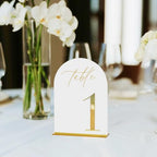 HOODO White Arch Acrylic Wedding Table Numbers 1-10 with Stands, 5"x7" Arched Acrylic Signs with 3D Gold Numbers, White 3D Table Numbers for Wedding Reception - Image 6