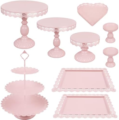 Set of 9 Cake Stands Metal Cupcake Stand Set Multiple Styles Candy Fruit Display Tower Dessert Plate Cake Serving Tray for Birthday Party Wedding Anniversary Baby Shower Engagement (Pink) by JALANCY