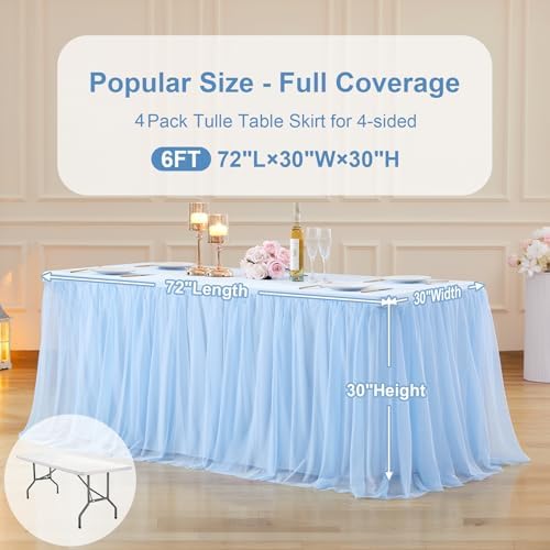 4 Pack Baby Blue Tablecloth for 6 Foot Rectangle Tables Tulle Table Skirt - Image 4