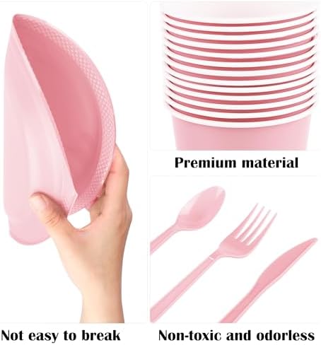 Aodaer 400 Pieces Pink Party Supplies Disposable Dinnerware Set Include Plastic Plates Cups Knives Forks Spoons Paper Napkins for Birthday Wedding Graduation Parties, Serve 50 Guests - Image 3