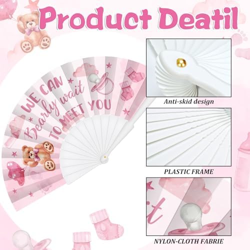 Cinrobiye 24 Pcs Baby Shower Folding Hand Fans for Guest Bear Baby Shower Hand Fans Colorful Foldable Handheld Fan for Gender Reveal Baby Shower Celebration Party Favors Supplies (Pink1) - Image 3