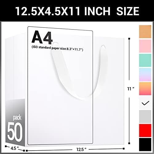 EUSOAR Large Gift Wrap Bags in Bulk, 50 Pack 12.5x4.5x11 inches White Paper Bags with Handles, Heavy Duty Totes for Wedding, Grocery, Boutique, Retail, Business, Party Favors, Baby Showers, Birthdays - Image 2