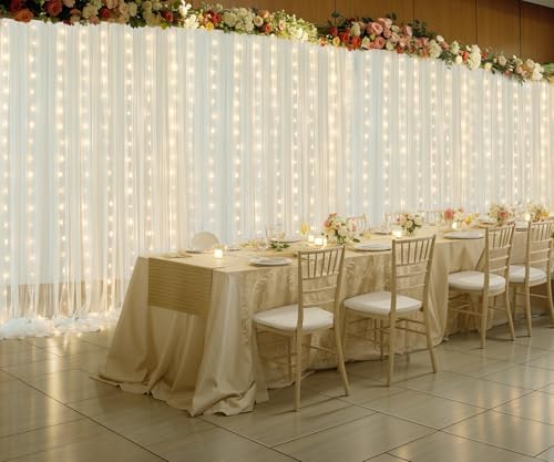 20ft x 10ft Ivory Tulle Photo Backdrop Curtain with Lights String for Parties Wedding Sheer Ivory Curtain Backdrop for Birthday Party Bridal Shower Photo Booth Photography Background Decorations - Image 6
