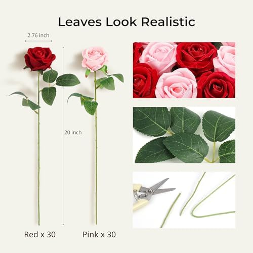 Auihiay 60PCS Artificial Roses, Pink and Red Roses, Velvet Silk Roses - Image 2