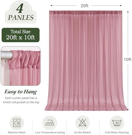 20ft×10ft Wrinkle Free Dusty Rose Backdrop Curtain Drapes, 4 Panels 5ftx10ft Sheer Tulle Chiffon Backdrop Panels Curtains for Wedding Baby Shower Birthday Party Stage Photo Home Decorations - Image 5