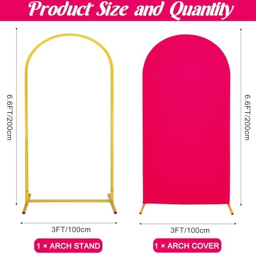 Metal Arch Stand and Cover Set,1 Fushia Spandex Fitted Backdrop with 1 Gold Wedding Arched Stand Frame for Parties Birthday Baby Shower Bridal Banquet Decoration (6.6FT) - Image 2