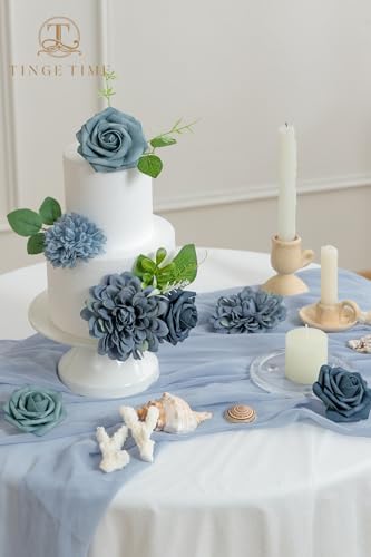 TINGE TIME 23pcs Artificial Flowers Combo, Roses Dahlia Dusty Blue - Image 2