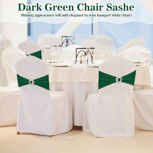 VitalCozy 100 Pcs Spandex Chair Sashes with Crown Buckle,Dark Green - Image 5