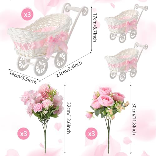 3 Pack Pink Rattan Stroller Centerpieces Bouquet Baby Shower - Image 2