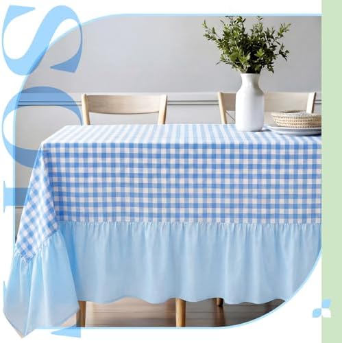 Moukeren 120"x60" Ruffled Tablecloth Table Cover, Blue and White, Gingham - Image 2