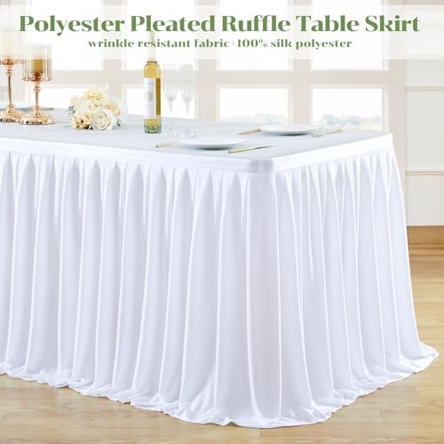 PARTISKY White Polyester Table Skirt for Rectangle Tables 12f, Wrinkle Resistant Pleated Ruffle Table Cloth for Birthday Party Banquet Wedding Baby Shower - Image 5