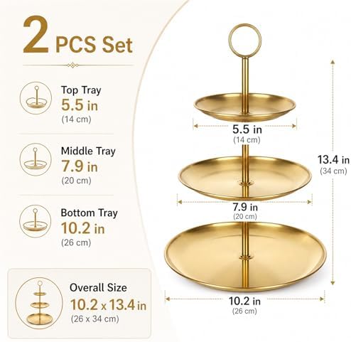 ABuff 3 Tiered Gold Cupcake Stand 2 Pack Stainless Steel Gold Tiered Dessert Stand Cupcake Display Tower 3 Tier Serving Tray Cake Stand for Baby Shower Birthday Party Wedding - Image 2