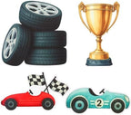 Honoson 4 Pcs Large 30" Racing Car Cardboard Cutouts Standup, Race Car Birthday Party Decorations Check Flag Trophy Tire Photo Booth Props for Photography Backdrop Baby Shower Party Supplies Yard Sign by Honoson
